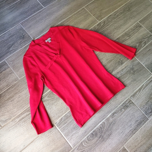 Ann Taylor Red Quarter Sleeve Tie Neck Top - Size XS - Picture 6 of 7